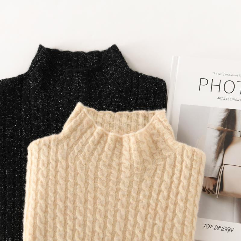 Women's Half Turtleneck Wool Sweater Gold and Silver Filigree Small Twist Full Body Long-Sleeved Loose Knitted Sweater Bottoming Shirt