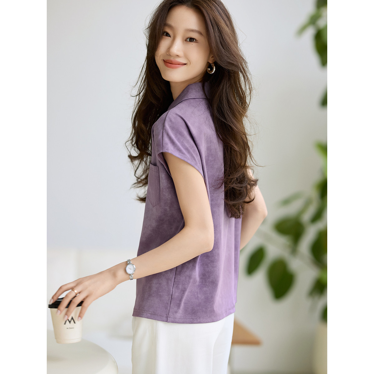 Áo thun polo cổ bẻ nữ họa tiết loang màu mùa hè — tím chi tiết 4