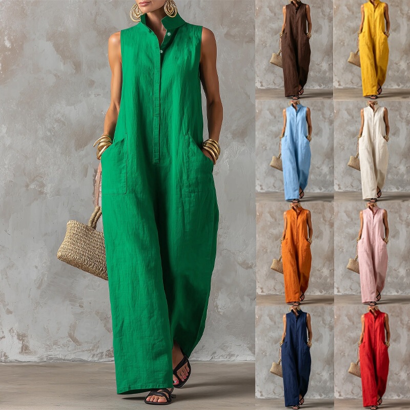 In-Stock Cross-Border Amazon Bestseller Vacation-Style Jumpsuit with Stand Collar, Sleeveless, Linen, Buttoned, Loose Wide-Leg Pants for Women In-Stock Cross-Border Amazon Bestseller Vacation-Style Jumpsuit with Stand Collar, Sleeveless, Linen, Buttoned, Loose Wide-Leg Pants for Women