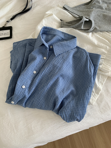 2025 Autumn Art Retro Relaxed Washed Cotton Blue Check Shirt for Women, Lightweight Breathable Loose Korean Style Shirt