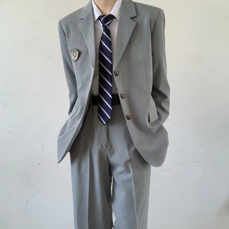 Men's white long-sleeved shirt + blue striped tie + serge gray trousers + men's gray long suit with three buttons