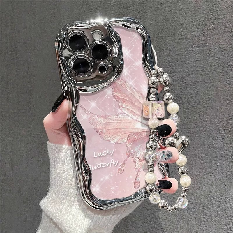 Cartoon Pink Butterfly Suitable for Apple 17Pro Mobile Phone Case Huawei P60 Electroplated Xiaomi 13 All-Inclusive Anti-Fall Protective Cover