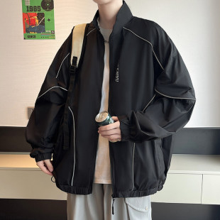 Thin Jacket with Reflective Strip Design, Breathable Sun Protection Clothing for Men, Trendy Outdoor Summer White