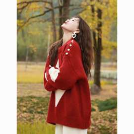 秋冬慵懒风圣诞氛围感红色宽松加厚毛衣女新款洋气针织衫上衣