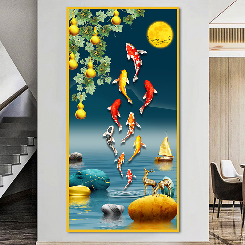 Pintura de entrada de pintura tradicional china Pintura de decoración del pasillo frente a la puerta Pasillo de nueve peces Pintura colgante de fondo de lujo ligero Pintura mural