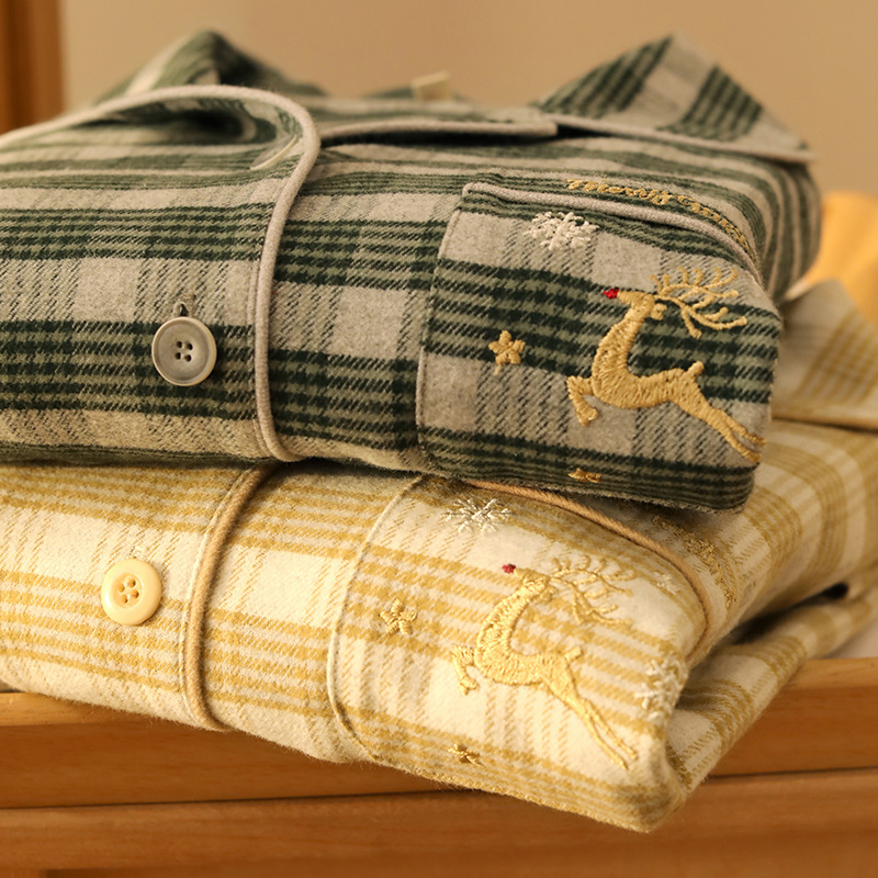 Autumn and Winter Women's Plaid Embroidered Lapel Basic Style Cotton Flannel Pajamas Long-Sleeve Set Autumn and Winter Women's Plaid Embroidered Lapel Basic Style Cotton Flannel Pajamas Long-Sleeve Set