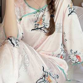 中国风复古无领睡衣女款夏季旗袍冰丝短袖长裤套装薄款甜服