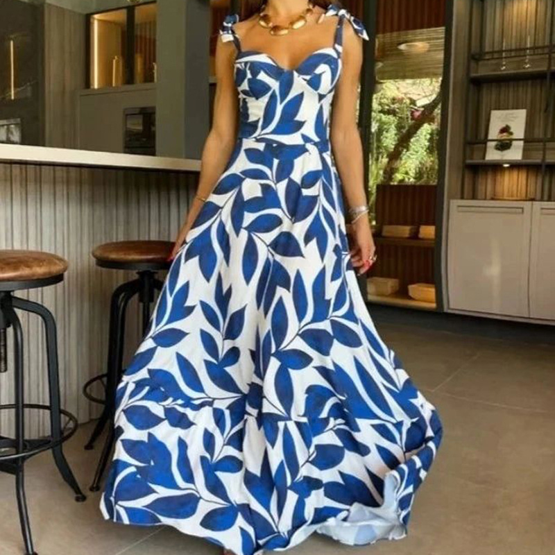 Women's A-line Skirt Casual Pastoral Collarless Printing Sleeveless Leaf Maxi Long Dress Daily display picture 4
