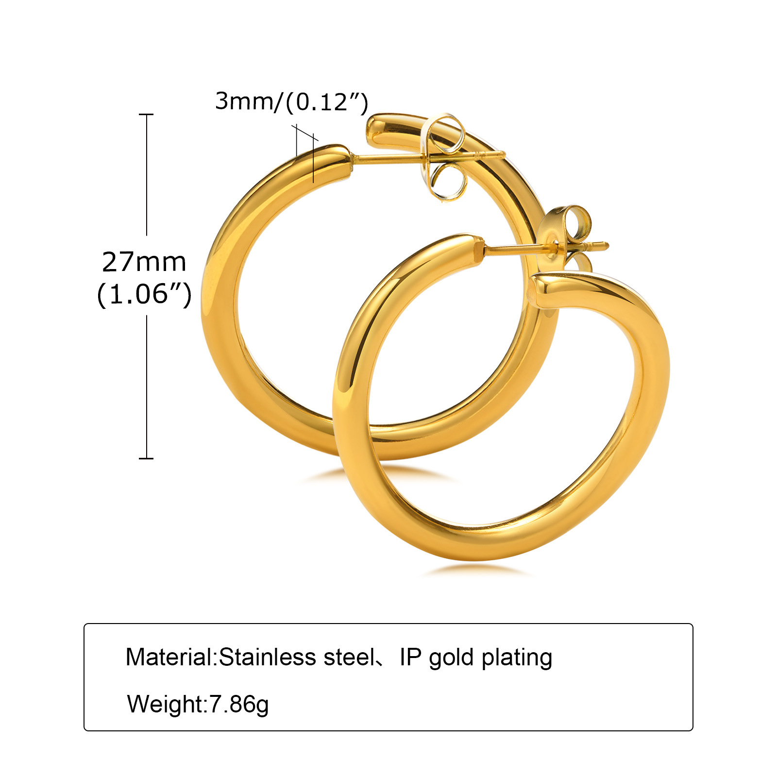 10g Weight 0.03µm-0.05µm Gold Plating Thickness Fashion Solid Color Plating 201 Stainless Steel 18K Gold Plated Stainless Steel Earrings