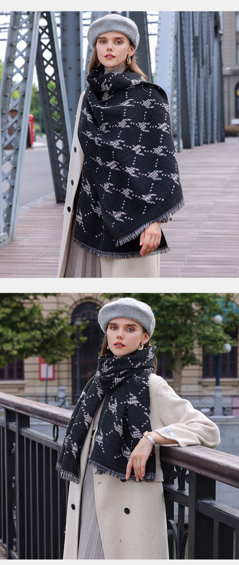 2023 mode Neue Qianniao Checker Schal für Frauen Herbst und Winter Mode Druck Warm Schal für Frauen_voghion.com