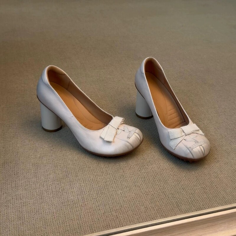 Sheepskin Version~French-Style Cute Mango-Toe Slip-On Shoes for Women, Comfortable and Non-Tiring, Genuine Leather Bow-Knot High Heels