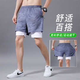 夏季运动迷彩短裤男休闲速干裤子双层假两件跑步健身三分裤男士