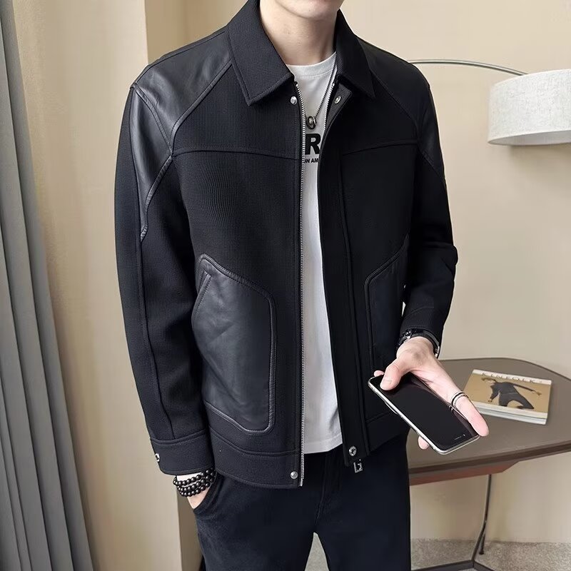 Herren Lederjacke Mit Strick Einsatz Für Frühling Und Herbst_voghion.com