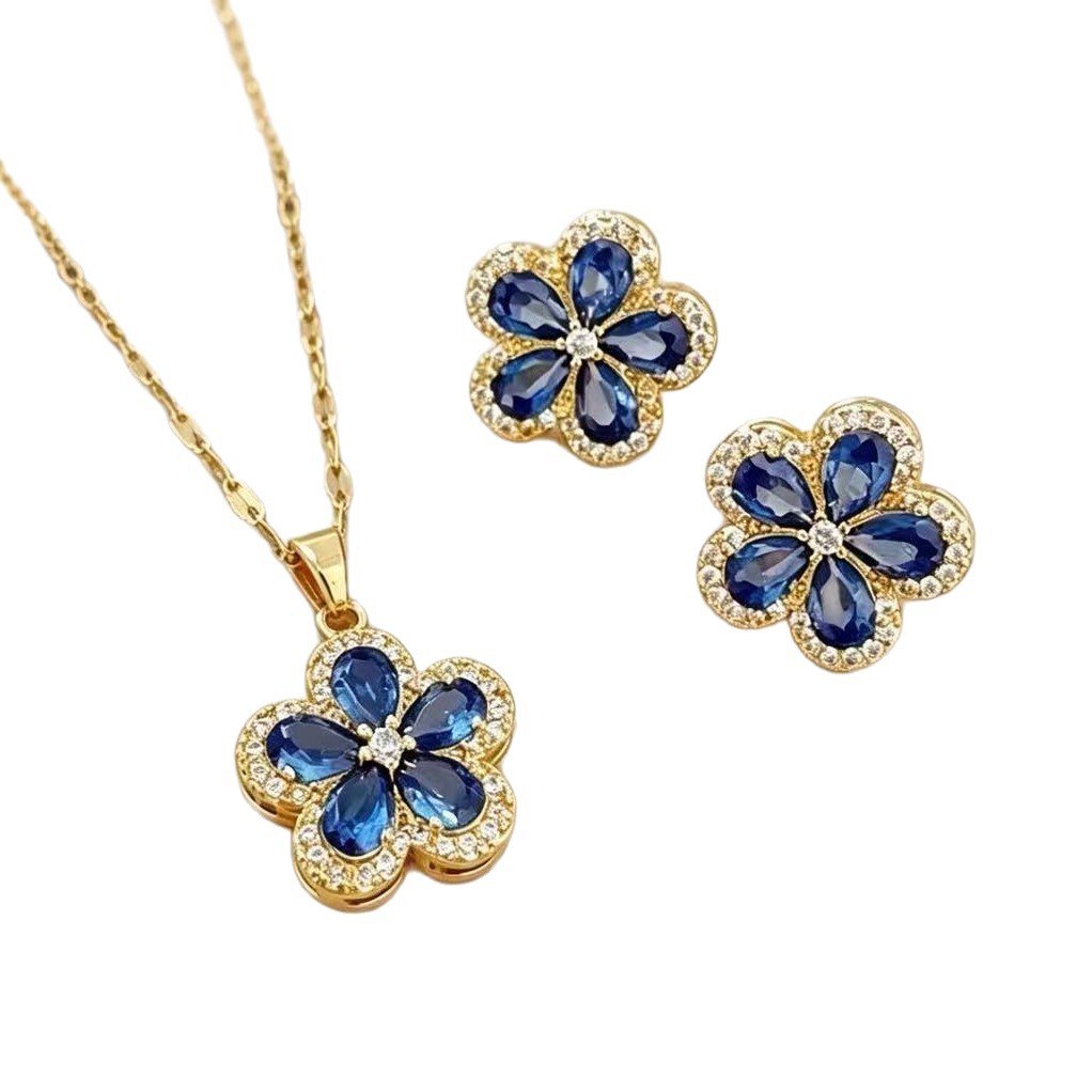 【Set】High-Quality, Elegant, Light Luxury, Zircon-Filled, Heavy-Duty, Real Gold-Plated Copper Micro-Inlaid Earrings and Necklace Set Combination