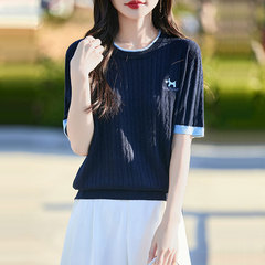 【メーカー直送】夏用ラウンドネックテンセルカラーブロック半袖Tシャツトップスレディースゆったりおしゃれ刺繍アイスシルクシャツ
