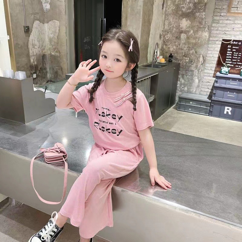 Ropa de verano de estilo chino para niñas, blusa grande de manga corta, pantalones anchos, conjunto elegante de dos piezas para niños_voghion.com