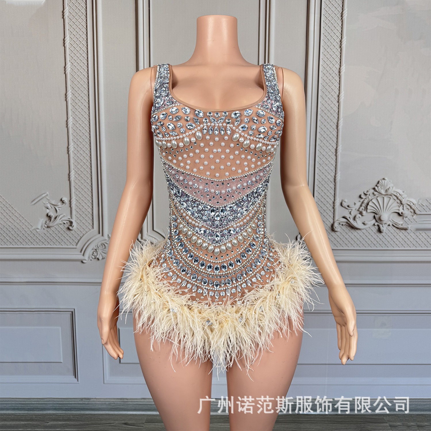 Cross-Border Popular Large Neckline Suspender Rhinestone Feather Skirt Jumpsuit Stage Performance Pole Dance Jiu-Jitsu Skating Suit