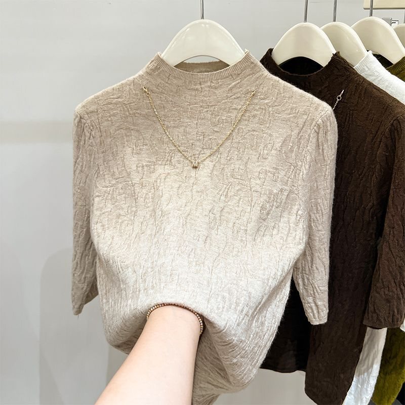 Spring and Autumn Thin Half-Turtleneck Knitted Base Shirt for Women, 2024 New Style, Five-Quarter Sleeve, Stylish Mid-Sleeve Inner Top Spring and Autumn Thin Half-Turtleneck Knitted Base Shirt for Women, 2024 New Style, Five-Quarter Sleeve, Stylish Mid-Sleeve Inner Top