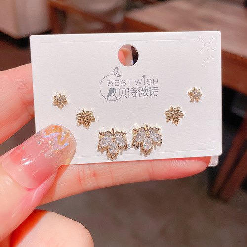  New Exquisite Maple Leaf Zircon Three Pairs of Earrings Women's Korean Style Silver Needle Personalized High-end Earrings