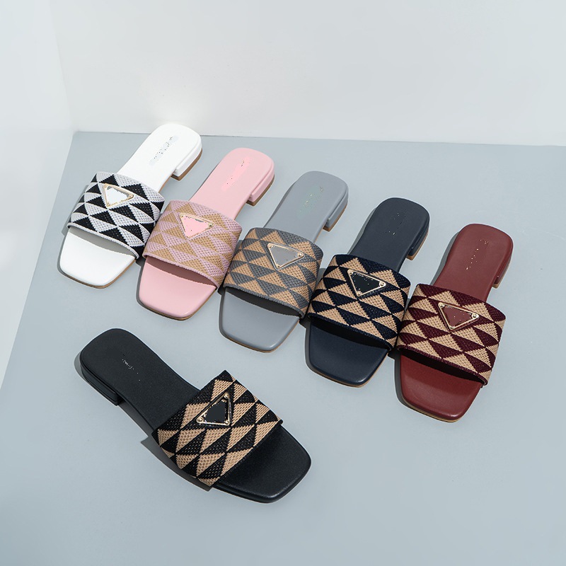 2023欧美刺绣三角标P家拖鞋女Summer Flat Sandals Women Slipper