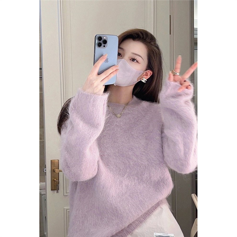 温柔水貂绒紫色圆领毛衣女秋冬外穿加厚宽松软糯慵懒风内搭针织衫|undefined