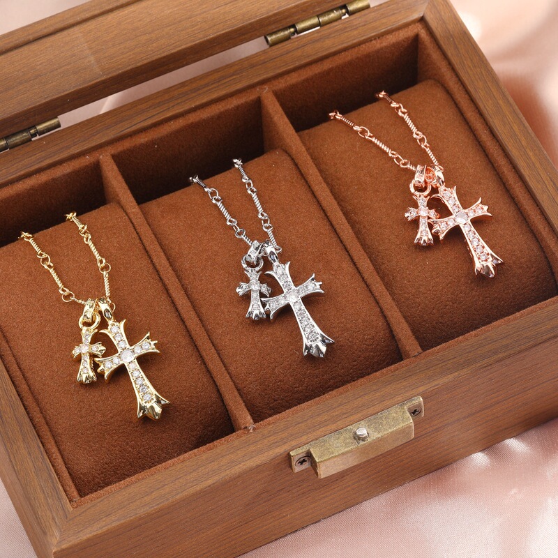Crowe Cross Double Pendant Necklace Cross-Border European and American Couple Color Diamond Men's and Women's Pendant Jewelry Retro Copper