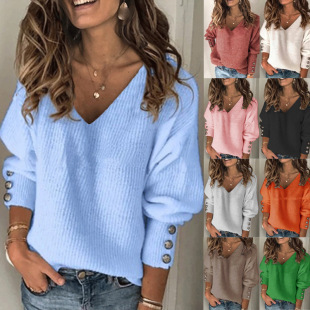 Europe and the United States cross-border Amazon 2025 spring new women's loose long sleeve T-shirt women's V-neck sweater solid color top