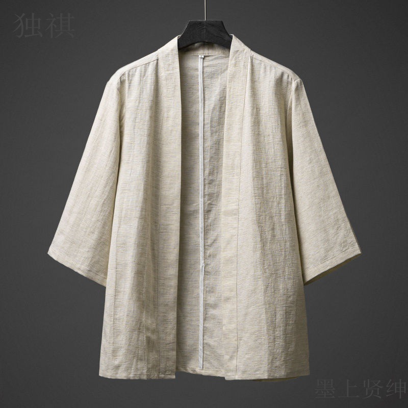 Chinese style men's linen Hanfu retro cardigan, ancient style men's loose plus size three-quarter sleeve cotton and linen robe jacket