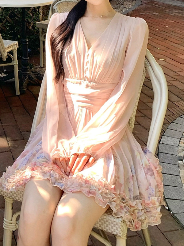 槿一【花落梦夕】收腰显瘦V领木耳边繁花长袖连衣裙女小众甜美风|undefined