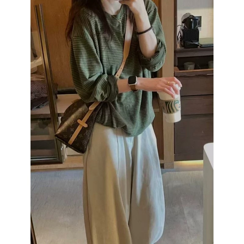 批发秋冬季云彩棉绿色长袖条纹T恤女宽松百搭慵懒风小个子打底衫