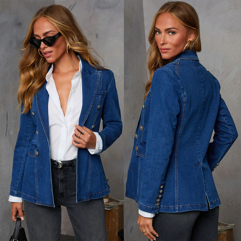 2024 Europe and the United States cross-border Amazon fashion casual washed blue Denim ladies suit jacket women 16890