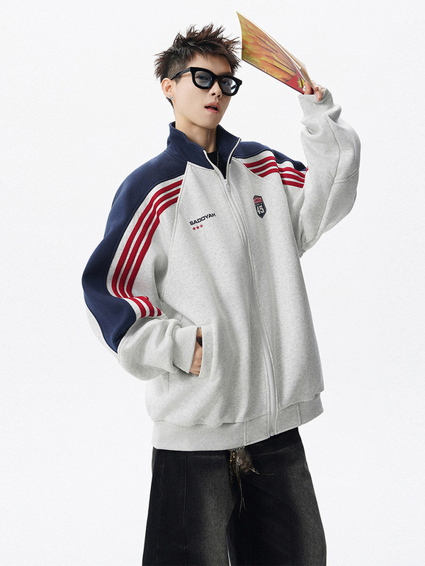 American Retro Trendy Brand Striped Raglan Sleeve Sweatshirt Men's Spring and Autumn New High Street Sports Versatile Cardigan Stand Collar Jacket