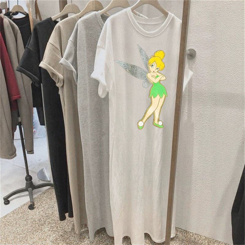 Korean-Style Retro Elf Print Mid-Length Short-Sleeve Versatile Slit T-Shirt Long Dress Summer Round-Neck Dress for Women