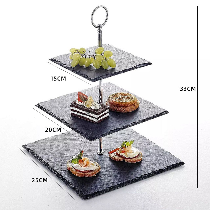 Rock Placa de tres capas Placa de cadena té de la tarde japonesa plato de fruta de la boda de doble capa postre pastel soporte postre soporte de exhibición