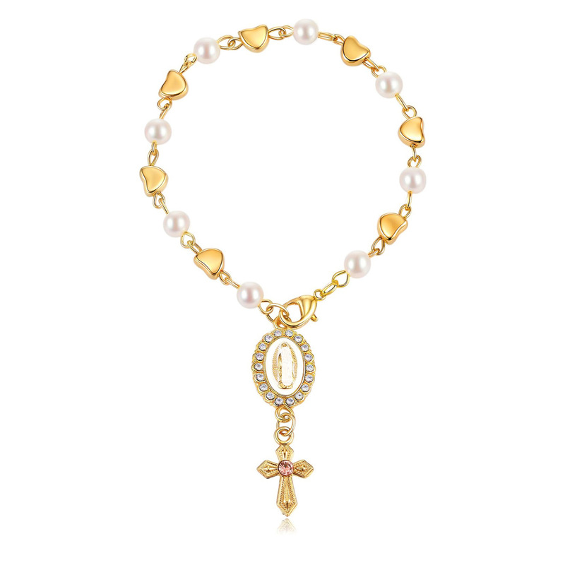 Pearl Car Pendant with Portrait, Diamond-Encrusted Cross, Love Heart, Pearl Chain Pendant, White Pearl Portrait Cross Pendant