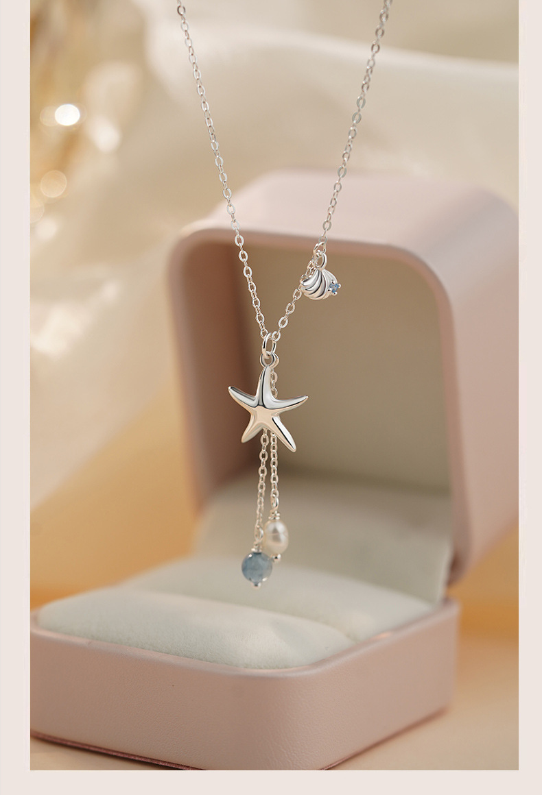 4g Weight Bracelets, Earrings, Necklace Classification cable chain Chain Type 1 Piece, 1 Pair Quantity Original Ganjia S925 Sterling Silver Starfish Aquamarine Pearl Necklace Autumn Sweet Fresh Shell XINGX Suit