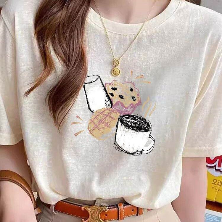 Apricot-Colored Unique Design Short-Sleeve T-Shirt for Women, Snowflake Cotton Fashion Top, Thin Base Shirt for Summer Apricot-Colored Unique Design Short-Sleeve T-Shirt for Women, Snowflake Cotton Fashion Top, Thin Base Shirt for Summer