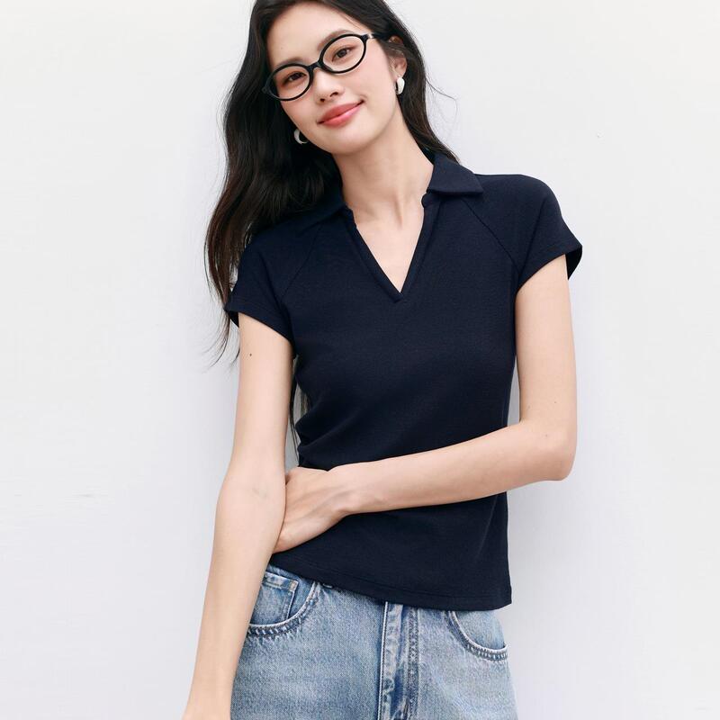 Yi Series 2026 Summer New Women's V-Neck Polo Top High Elastic Slim Fit Raglan Short Sleeve T-Shirt