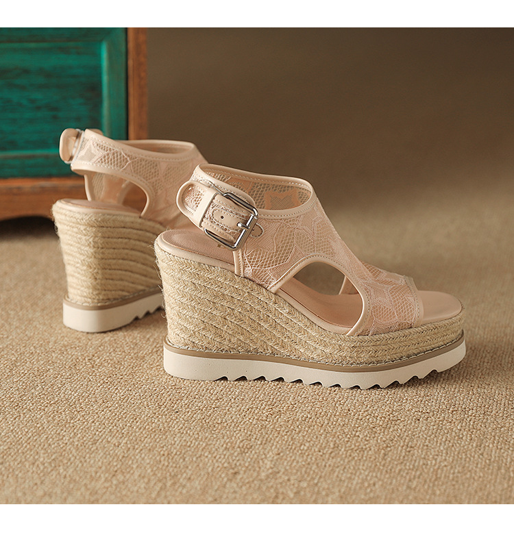 Sandal nữ đế xuồng cao gót mũi hở phong cách Bohemian, chất liệu đan rơm kết hợp lưới thoáng khí — màu hồng nhạt, màu trắng chi tiết 14