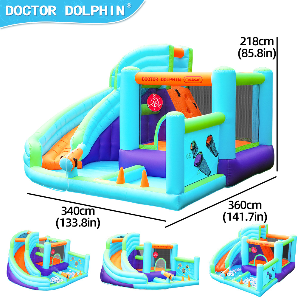 Dr. Dolphin Castillo inflable interior tobogán inflable hogar pequeño parque de trampolín inflable con chorro de agua