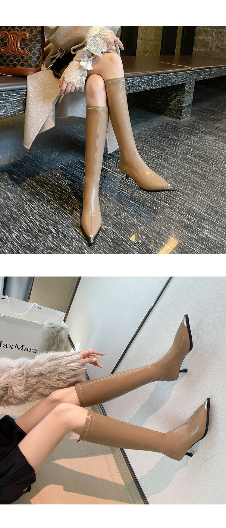 Bốt nữ cổ cao mũi nhọn kim loại co giãn, phong cách kỵ sĩ cao gót thon gọn — Màu kaki lót nhung chi tiết 16