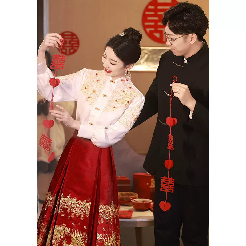 Set, evening dress, wedding dress for bride, plus size, Chinese style, with embroidery