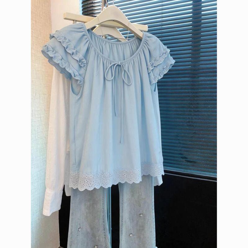 Lace Patchwork Tie-Neck Blouse with Small Flutter Sleeves for Women, 2026 Summer New Sweet and Youthful Top Lace Patchwork Tie-Neck Blouse with Small Flutter Sleeves for Women, 2026 Summer New Sweet and Youthful Top