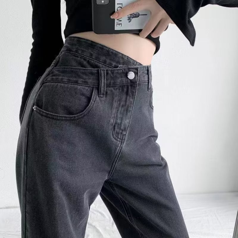 Irregular cross waist jeans for women 2023 new personalized high waist slimming straight draping mop pants fashion