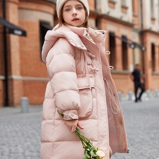 Girls' Down Jacket Mid-length New Hooded 2024 Winter Thickened Girls' Warm Jacket White Duck Down