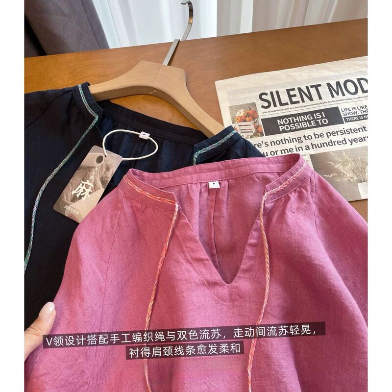 Southern French Romantic French Linen V-Neck Two-Tone Tassel Vacation Lazy Style Loose Long-Sleeve Shirt for Women Southern French Romantic French Linen V-Neck Two-Tone Tassel Vacation Lazy Style Loose Long-Sleeve Shirt for Women