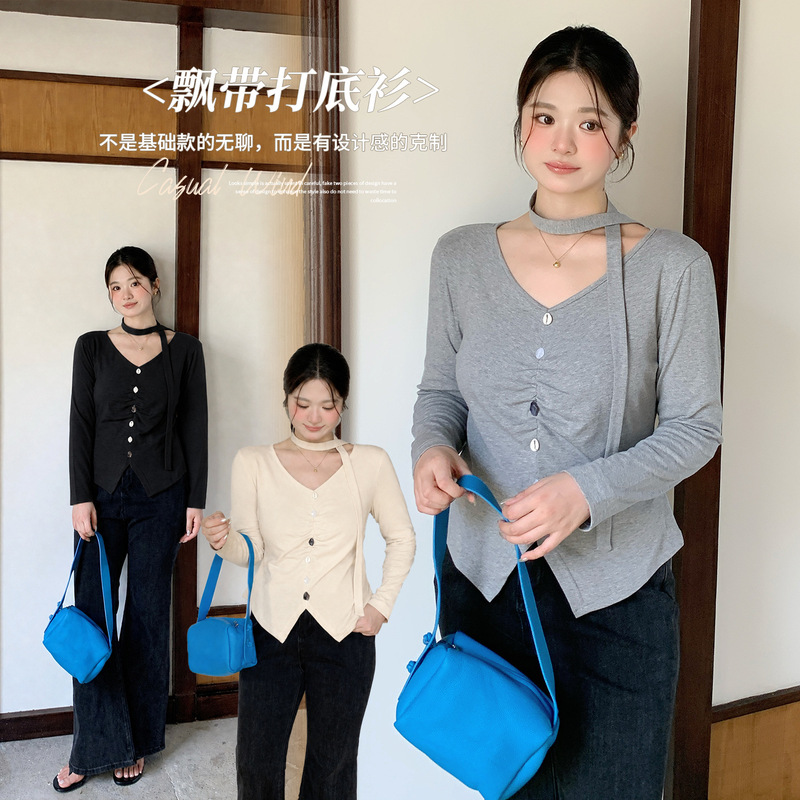 Ino Plus Size Women's Elegant V-Neck Ribbon Blouse 2026 Autumn Slim-Fit Versatile Top 315290 Ino Plus Size Women's Elegant V-Neck Ribbon Blouse 2026 Autumn Slim-Fit Versatile Top 315290