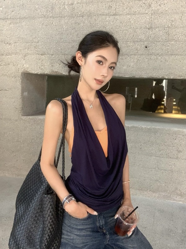 挂脖吊带上衣辣妹荡领假两件拼接修身露背美背无袖背心女夏天衣服|undefined