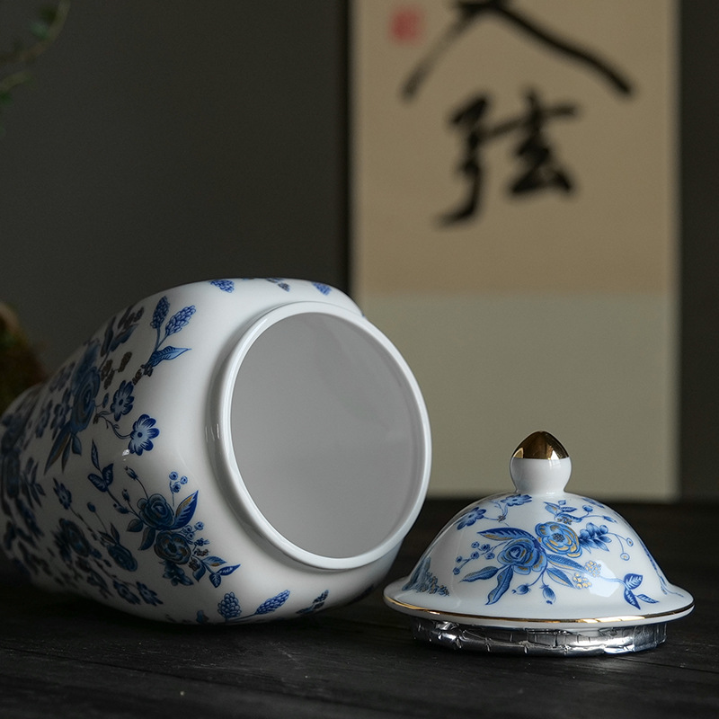 A5L hexagonal blue and white porcelain sealed jar, household tea storage jar, half jin capacity, tea canister, general's jar, tea packaging, floor-standing