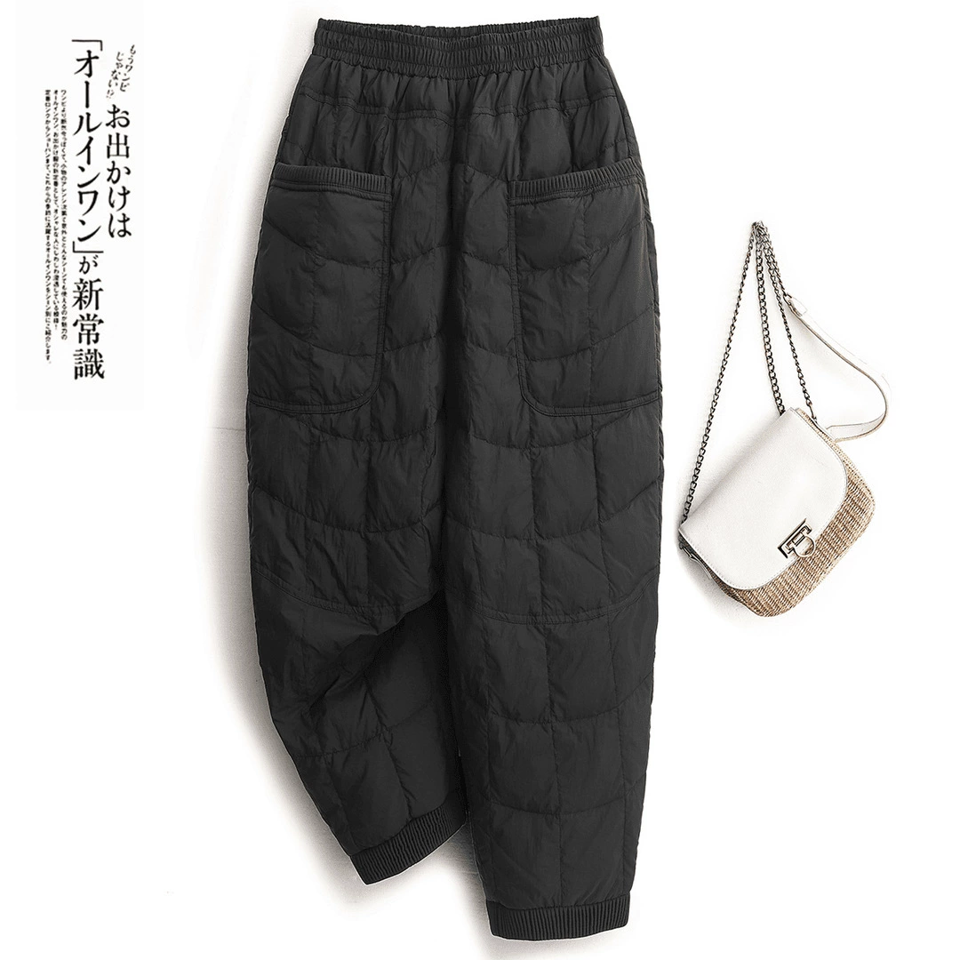 Demi-season down-filled lounge pants, loose-fit with elastic waist, plus-size in Coffee/Black/Khaki